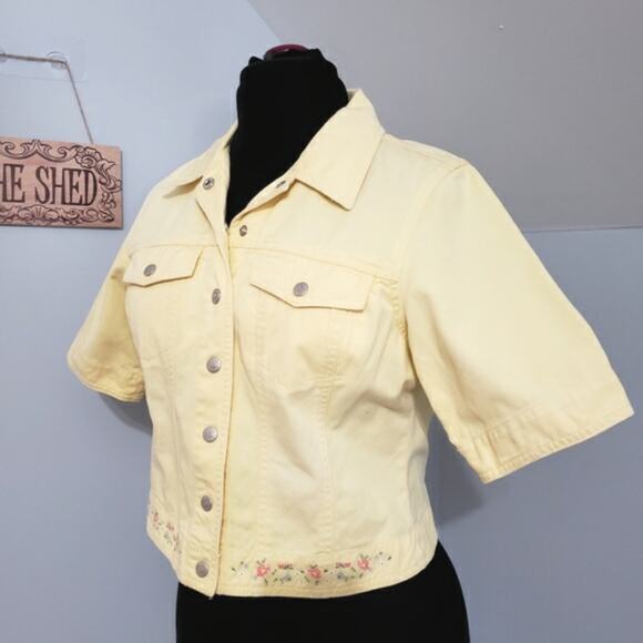 Susan Bristol Half Sleeve Snap Front Embroidered Yellow Denim Crop Jean Jacket - Picture 6 of 11